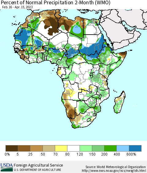 Africa Percent of Normal Precipitation 2-Month (WMO) Thematic Map For 2/16/2023 - 4/15/2023