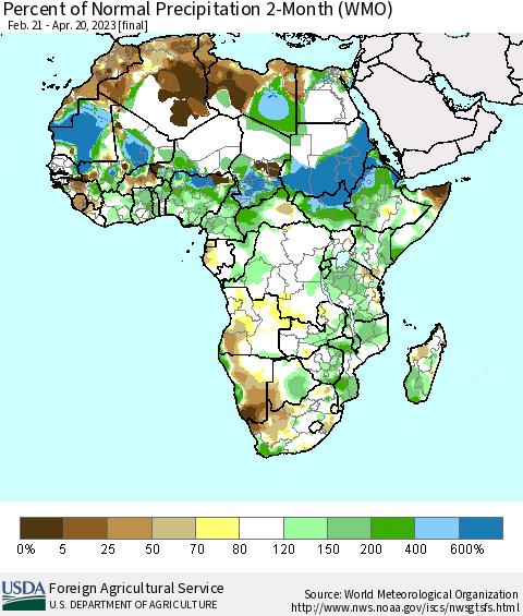 Africa Percent of Normal Precipitation 2-Month (WMO) Thematic Map For 2/21/2023 - 4/20/2023