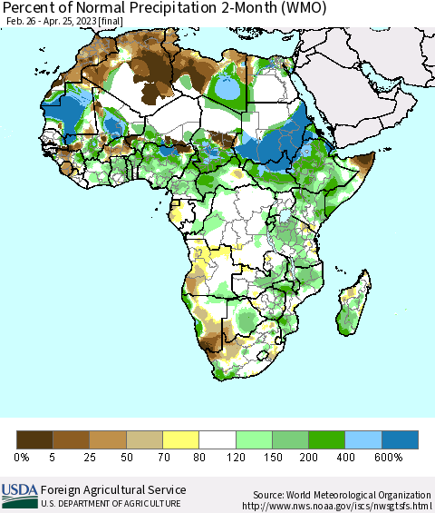 Africa Percent of Normal Precipitation 2-Month (WMO) Thematic Map For 2/26/2023 - 4/25/2023