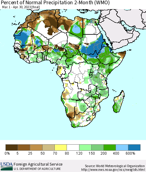 Africa Percent of Normal Precipitation 2-Month (WMO) Thematic Map For 3/1/2023 - 4/30/2023