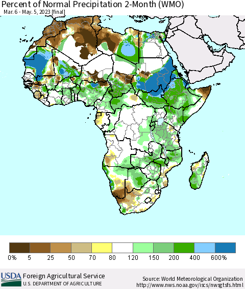 Africa Percent of Normal Precipitation 2-Month (WMO) Thematic Map For 3/6/2023 - 5/5/2023