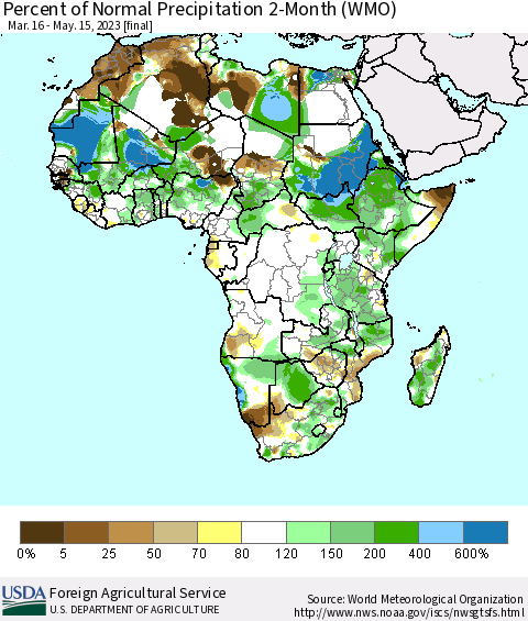 Africa Percent of Normal Precipitation 2-Month (WMO) Thematic Map For 3/16/2023 - 5/15/2023