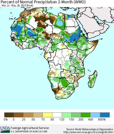 Africa Percent of Normal Precipitation 2-Month (WMO) Thematic Map For 3/21/2023 - 5/20/2023