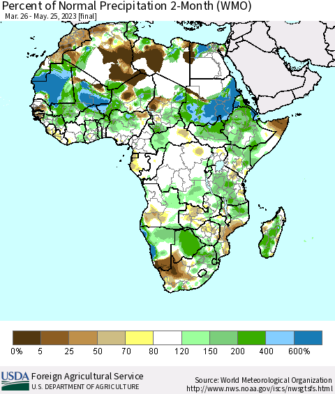 Africa Percent of Normal Precipitation 2-Month (WMO) Thematic Map For 3/26/2023 - 5/25/2023