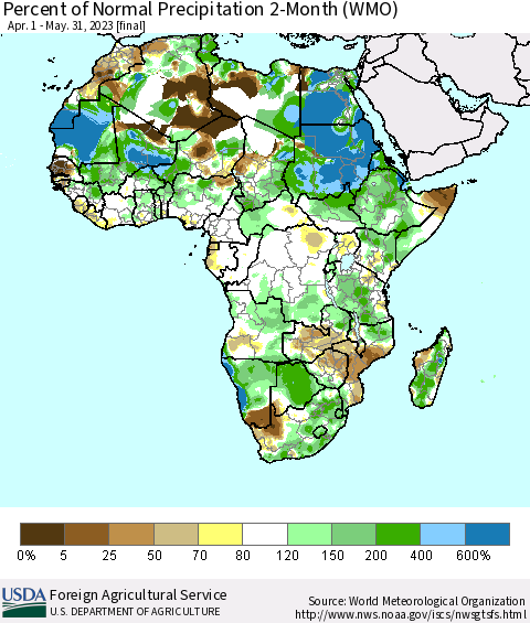 Africa Percent of Normal Precipitation 2-Month (WMO) Thematic Map For 4/1/2023 - 5/31/2023