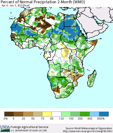 Africa Percent of Normal Precipitation 2-Month (WMO) Thematic Map For 4/6/2023 - 6/5/2023