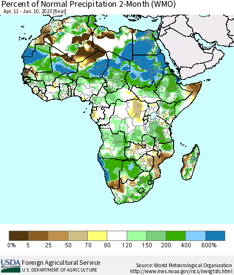 Africa Percent of Normal Precipitation 2-Month (WMO) Thematic Map For 4/11/2023 - 6/10/2023