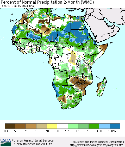 Africa Percent of Normal Precipitation 2-Month (WMO) Thematic Map For 4/16/2023 - 6/15/2023