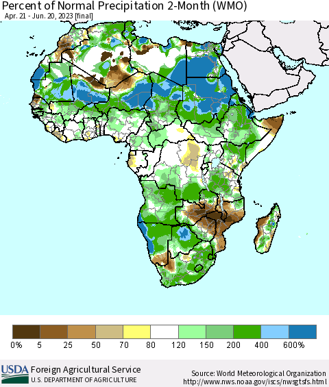 Africa Percent of Normal Precipitation 2-Month (WMO) Thematic Map For 4/21/2023 - 6/20/2023