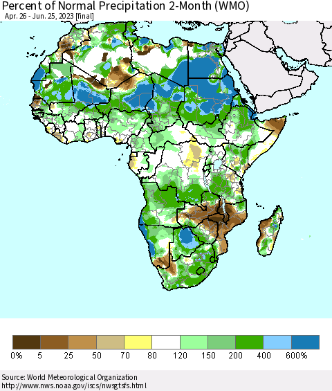 Africa Percent of Normal Precipitation 2-Month (WMO) Thematic Map For 4/26/2023 - 6/25/2023