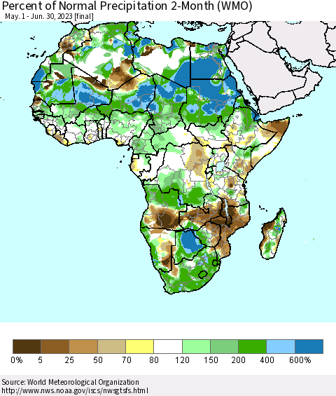 Africa Percent of Normal Precipitation 2-Month (WMO) Thematic Map For 5/1/2023 - 6/30/2023