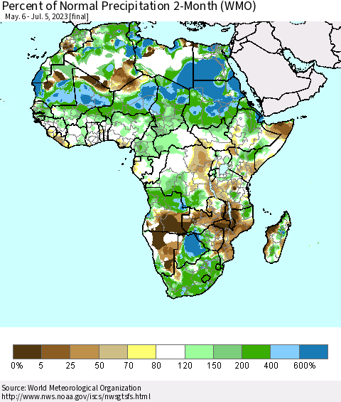 Africa Percent of Normal Precipitation 2-Month (WMO) Thematic Map For 5/6/2023 - 7/5/2023