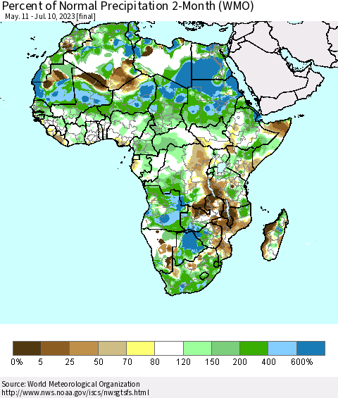 Africa Percent of Normal Precipitation 2-Month (WMO) Thematic Map For 5/11/2023 - 7/10/2023
