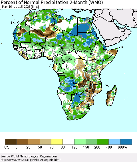 Africa Percent of Normal Precipitation 2-Month (WMO) Thematic Map For 5/16/2023 - 7/15/2023