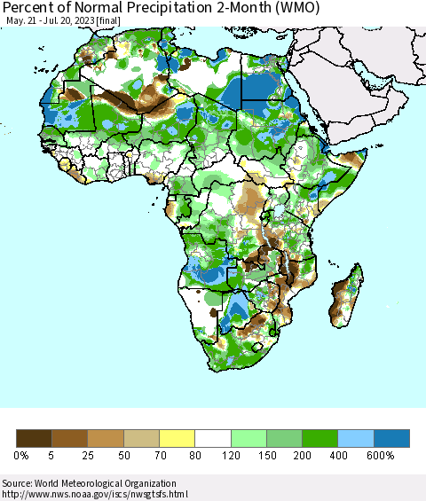 Africa Percent of Normal Precipitation 2-Month (WMO) Thematic Map For 5/21/2023 - 7/20/2023