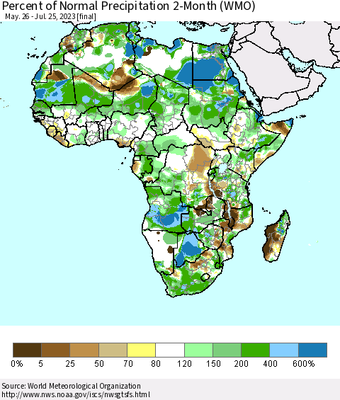 Africa Percent of Normal Precipitation 2-Month (WMO) Thematic Map For 5/26/2023 - 7/25/2023