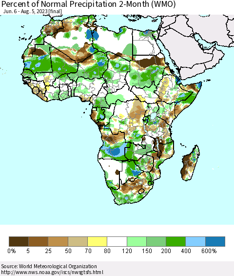 Africa Percent of Normal Precipitation 2-Month (WMO) Thematic Map For 6/6/2023 - 8/5/2023