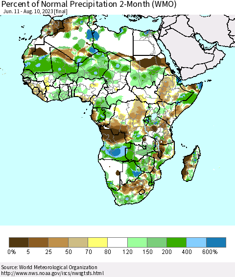 Africa Percent of Normal Precipitation 2-Month (WMO) Thematic Map For 6/11/2023 - 8/10/2023