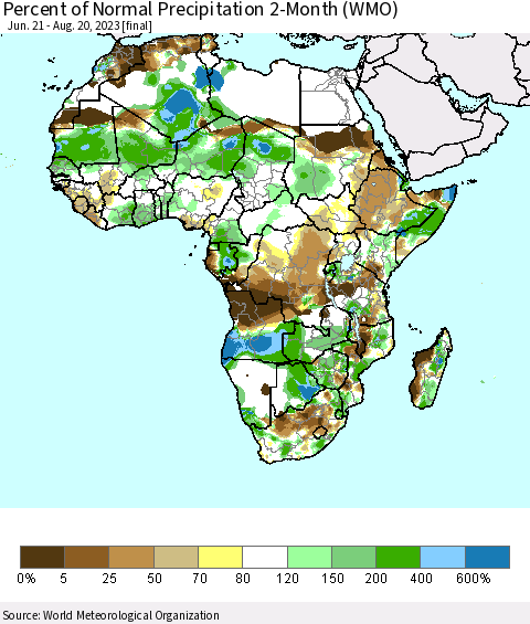 Africa Percent of Normal Precipitation 2-Month (WMO) Thematic Map For 6/21/2023 - 8/20/2023