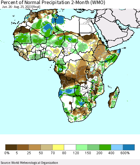 Africa Percent of Normal Precipitation 2-Month (WMO) Thematic Map For 6/26/2023 - 8/25/2023