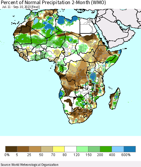 Africa Percent of Normal Precipitation 2-Month (WMO) Thematic Map For 7/11/2023 - 9/10/2023