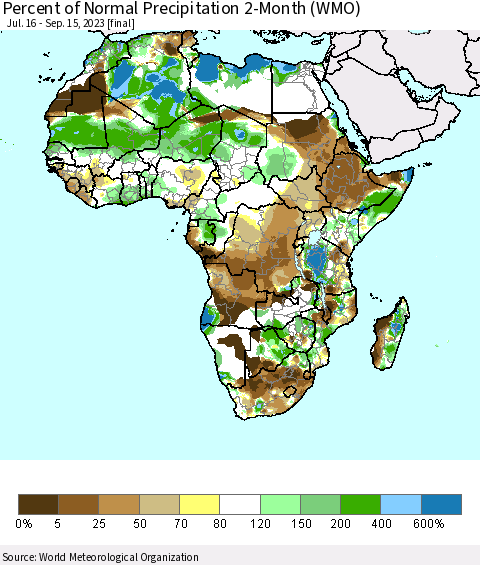Africa Percent of Normal Precipitation 2-Month (WMO) Thematic Map For 7/16/2023 - 9/15/2023