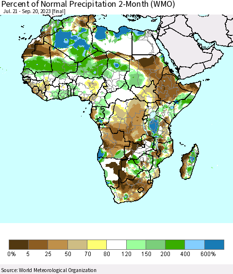 Africa Percent of Normal Precipitation 2-Month (WMO) Thematic Map For 7/21/2023 - 9/20/2023