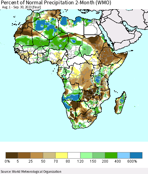 Africa Percent of Normal Precipitation 2-Month (WMO) Thematic Map For 8/1/2023 - 9/30/2023