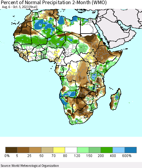 Africa Percent of Normal Precipitation 2-Month (WMO) Thematic Map For 8/6/2023 - 10/5/2023
