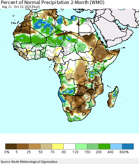 Africa Percent of Normal Precipitation 2-Month (WMO) Thematic Map For 8/11/2023 - 10/10/2023