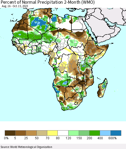 Africa Percent of Normal Precipitation 2-Month (WMO) Thematic Map For 8/16/2023 - 10/15/2023