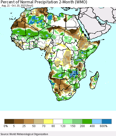 Africa Percent of Normal Precipitation 2-Month (WMO) Thematic Map For 8/21/2023 - 10/20/2023