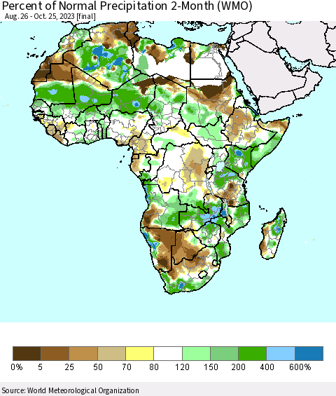 Africa Percent of Normal Precipitation 2-Month (WMO) Thematic Map For 8/26/2023 - 10/25/2023