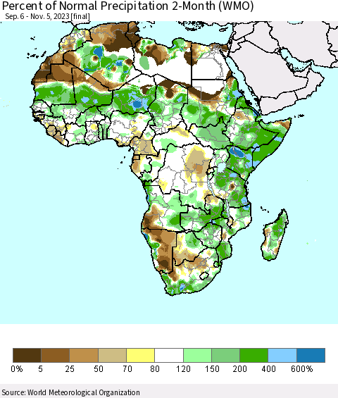 Africa Percent of Normal Precipitation 2-Month (WMO) Thematic Map For 9/6/2023 - 11/5/2023