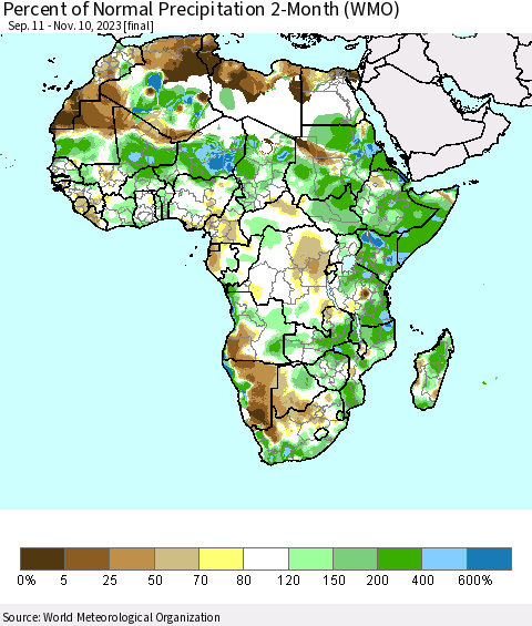Africa Percent of Normal Precipitation 2-Month (WMO) Thematic Map For 9/11/2023 - 11/10/2023