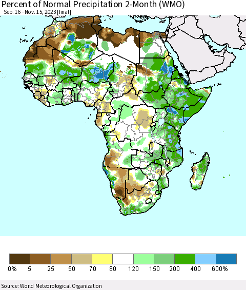 Africa Percent of Normal Precipitation 2-Month (WMO) Thematic Map For 9/16/2023 - 11/15/2023