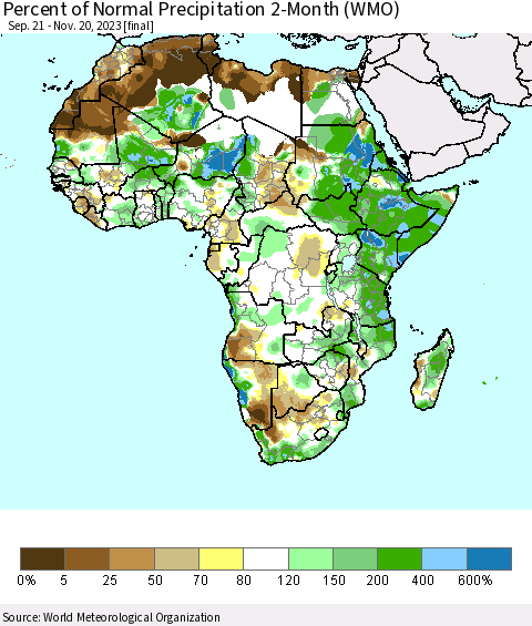 Africa Percent of Normal Precipitation 2-Month (WMO) Thematic Map For 9/21/2023 - 11/20/2023