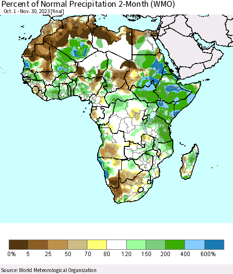 Africa Percent of Normal Precipitation 2-Month (WMO) Thematic Map For 10/1/2023 - 11/30/2023