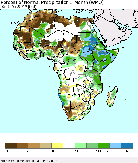 Africa Percent of Normal Precipitation 2-Month (WMO) Thematic Map For 10/6/2023 - 12/5/2023