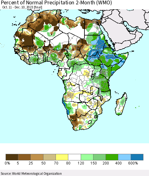 Africa Percent of Normal Precipitation 2-Month (WMO) Thematic Map For 10/11/2023 - 12/10/2023