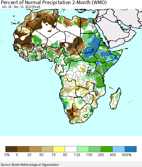 Africa Percent of Normal Precipitation 2-Month (WMO) Thematic Map For 10/16/2023 - 12/15/2023