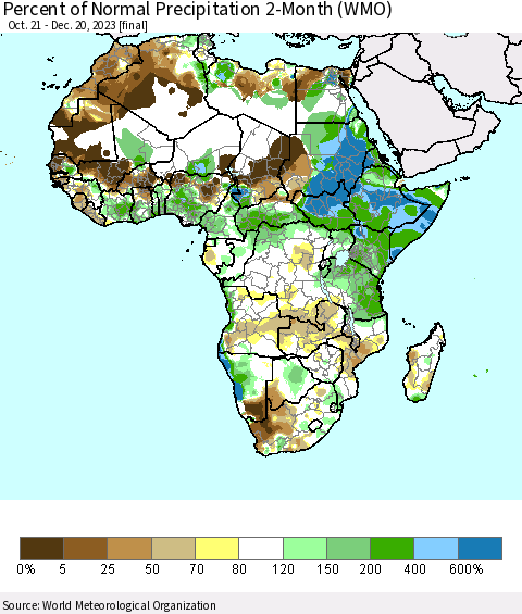 Africa Percent of Normal Precipitation 2-Month (WMO) Thematic Map For 10/21/2023 - 12/20/2023