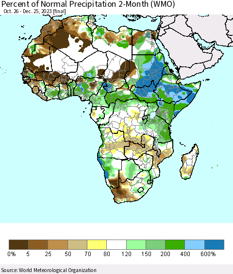 Africa Percent of Normal Precipitation 2-Month (WMO) Thematic Map For 10/26/2023 - 12/25/2023