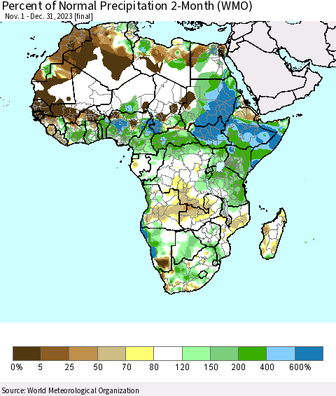 Africa Percent of Normal Precipitation 2-Month (WMO) Thematic Map For 11/1/2023 - 12/31/2023