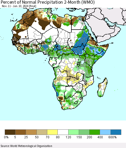 Africa Percent of Normal Precipitation 2-Month (WMO) Thematic Map For 11/11/2023 - 1/10/2024