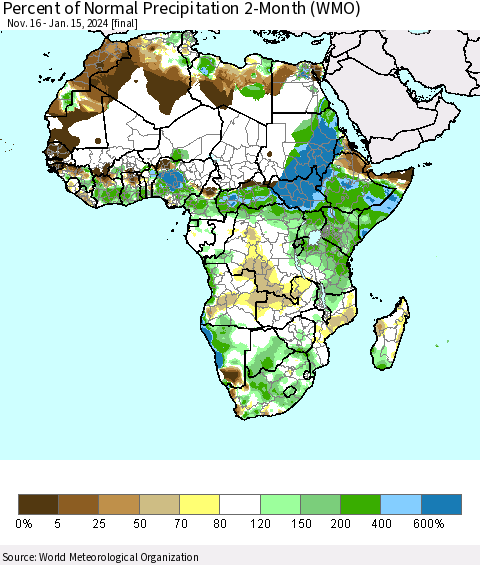 Africa Percent of Normal Precipitation 2-Month (WMO) Thematic Map For 11/16/2023 - 1/15/2024