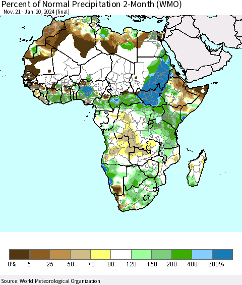 Africa Percent of Normal Precipitation 2-Month (WMO) Thematic Map For 11/21/2023 - 1/20/2024