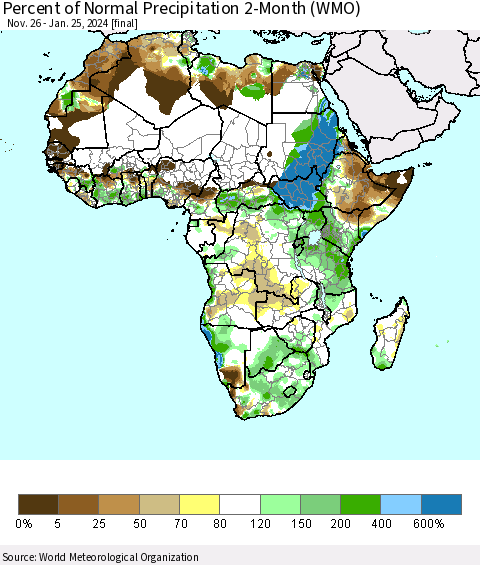 Africa Percent of Normal Precipitation 2-Month (WMO) Thematic Map For 11/26/2023 - 1/25/2024