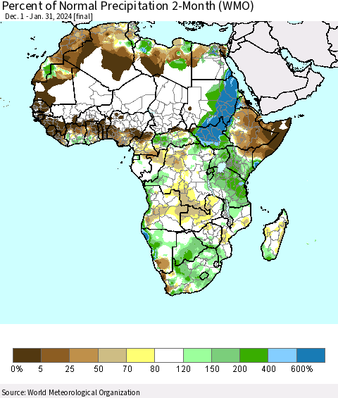 Africa Percent of Normal Precipitation 2-Month (WMO) Thematic Map For 12/1/2023 - 1/31/2024