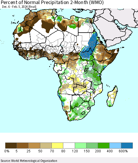 Africa Percent of Normal Precipitation 2-Month (WMO) Thematic Map For 12/6/2023 - 2/5/2024